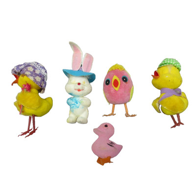 Vtg Lot of 5 Flocked Easter Chicks and Bunny 2-4 Inches Tall Holiday Décor READ