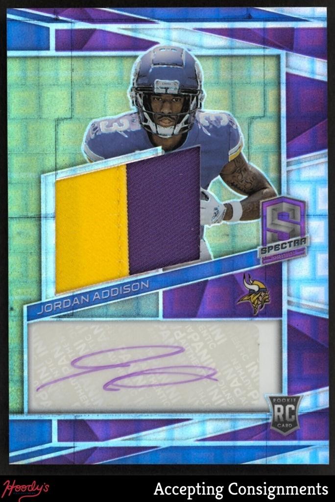 2023 Spectra Neon Purple #220 Jordan Addison RPA Rookie PATCH AUTO RC 02/30
