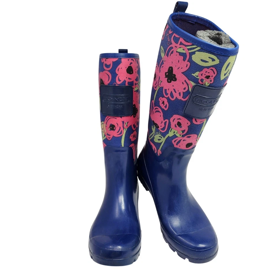 Coach Navy & Pink Floral Print Rain Boots Womens Size 9 - Image 2 of 4