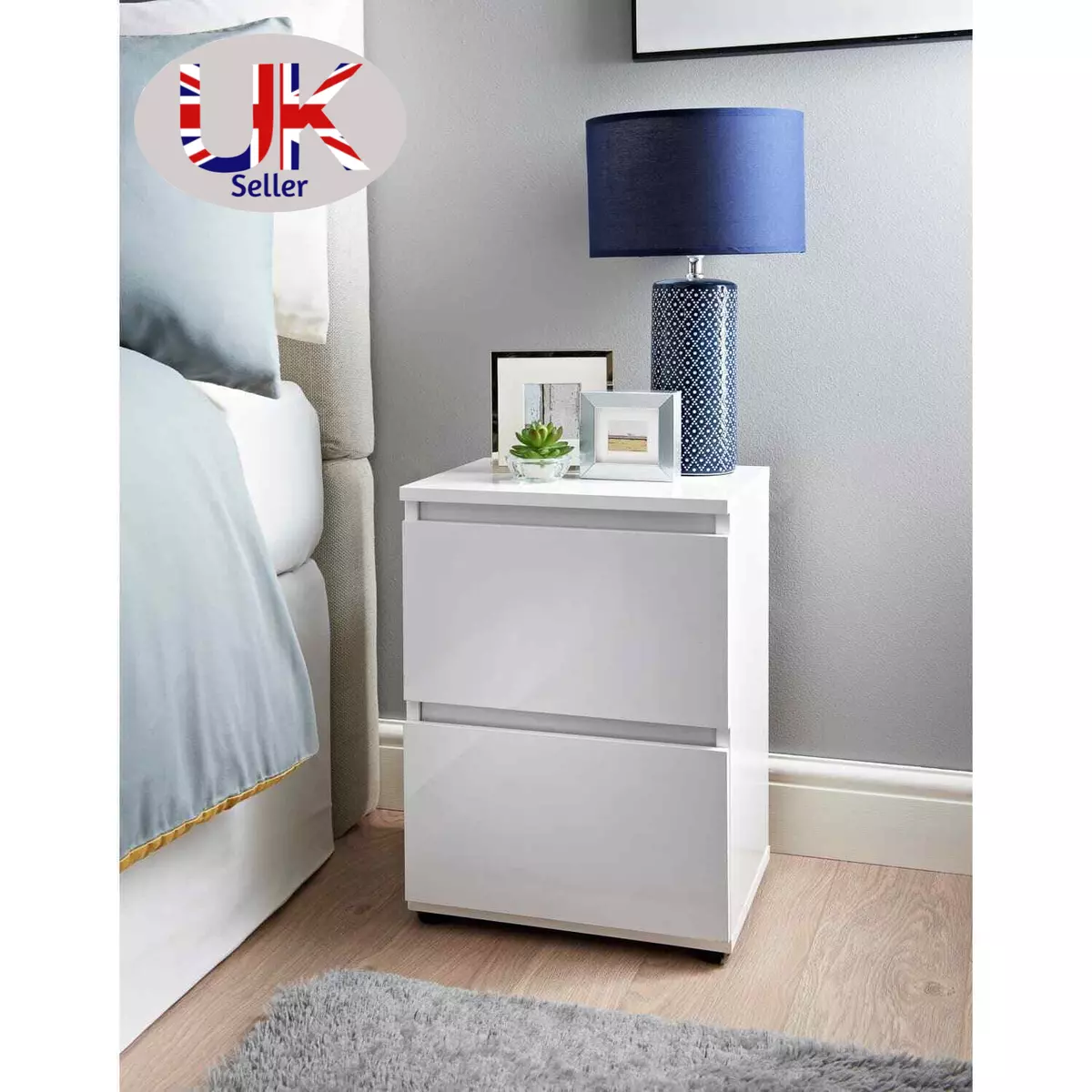 White High Gloss 2 Drawer Bedside Table Lamp Nightstand White