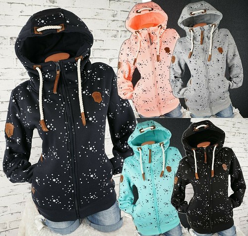 Damen Sweat Jacke Kapuze Hoodie Fleece gefüttert Übergangsjacke Sterne StarM-3XL - Bild 1 von 43