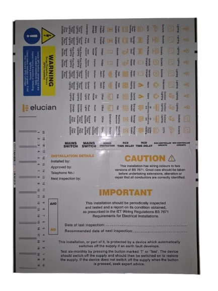 ELUCIAN Fuseboard Consumer Unit Label Sticker Sheet Fusebox Wylex BG MK Hager SPD
