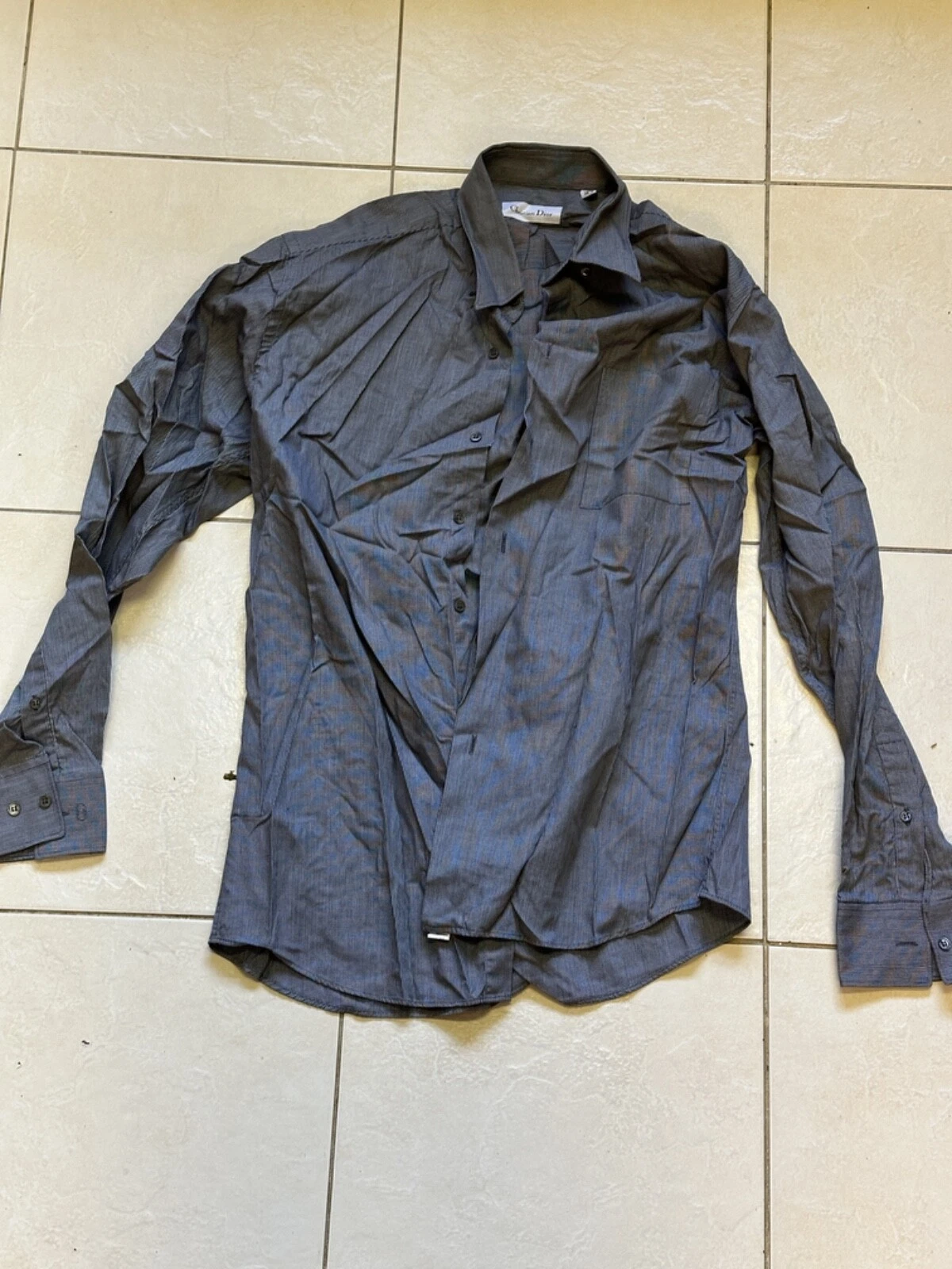 Camicia Christian Dior colletto taglia 15"" circonferenza petto 38"" grigio a scacchi fini vintage