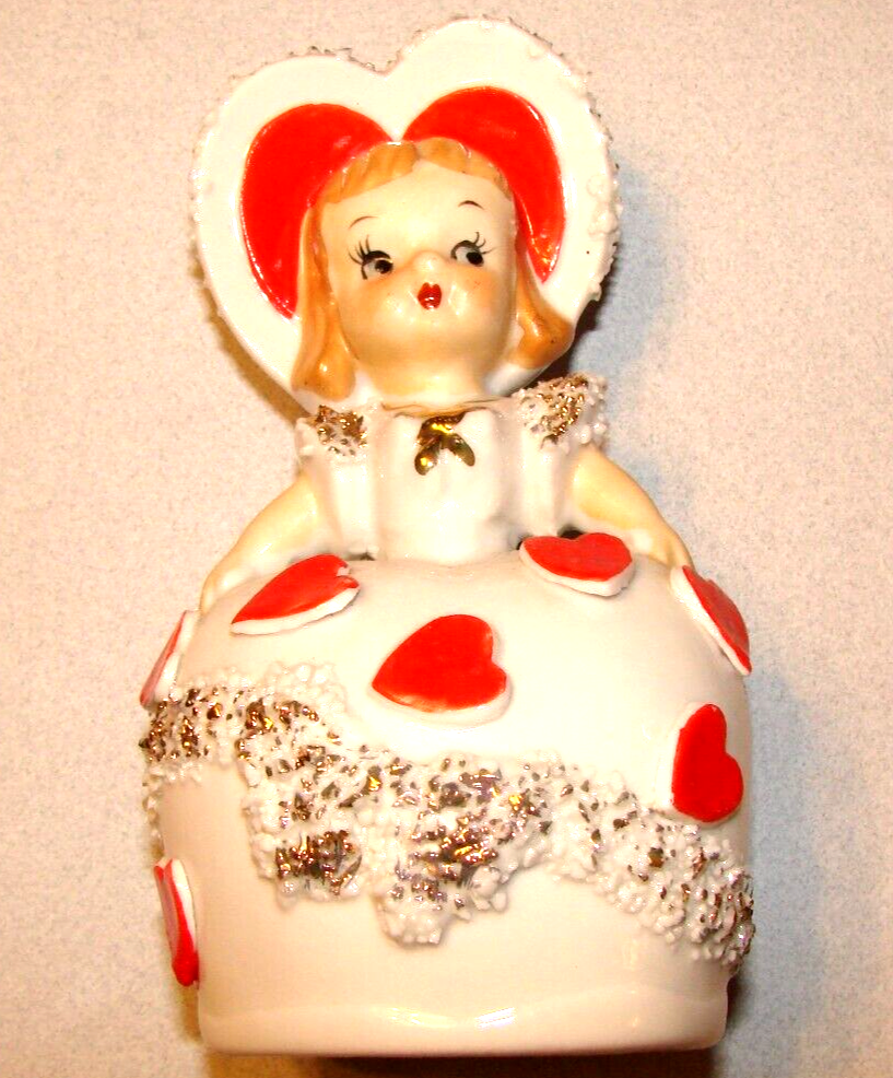 VINTAGE LEFTON VALENTINE GIRL RED HEART SPEGETTI TRIM BELL FIGURINE