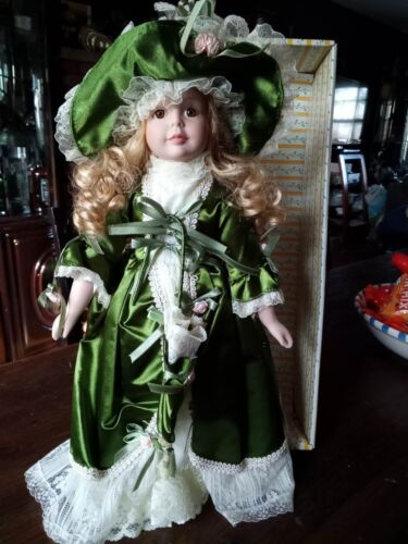 Vintage Rare Porcelain Doll Green Beautiful dress,with Umbrella in original Box - Picture 1 of 6