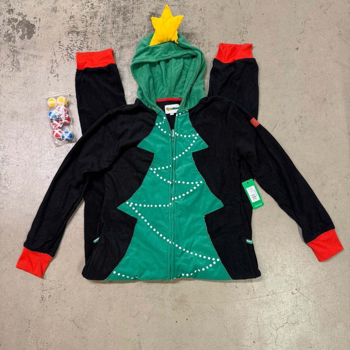 NEW TIPSY ELVES Christmas Tree Toss Game Mens Large FLEECE Jumpsuit Costume  XMAS