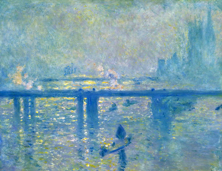 Oil painting impressionism landscape bridge with canoe in sunset canvas 