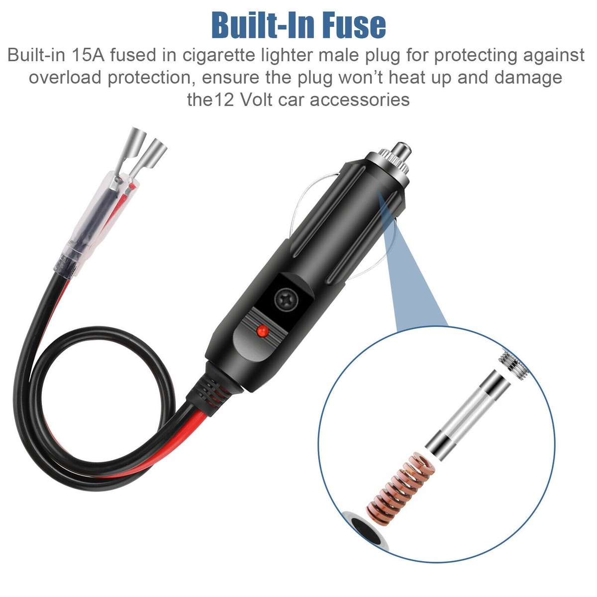 2Pack 12V 15A Fused Car Cigarette Lighter Adapter Power Male Plug with  Leads