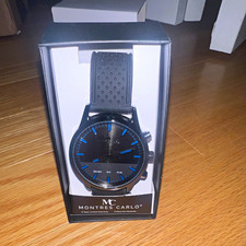 Montres Carlo Quartz Watch Black Dial Blue Accents Black Rubber Strap Box