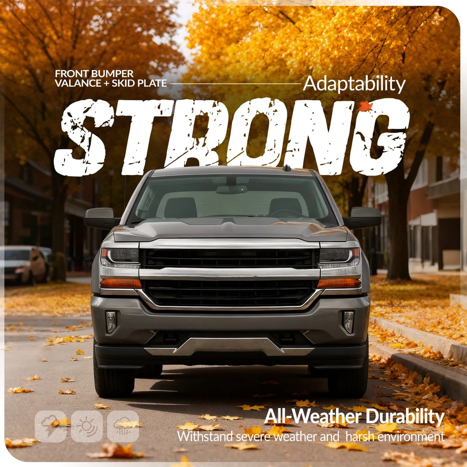 For Chevy Silverado 1500 2016-2019 Black Front Bumper Valance &Chrome Skid Plate - Image 2 of 4