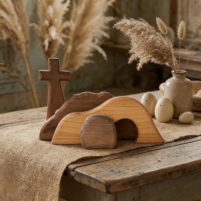 Wooden Easter Resurrection Set, He Is Risen Empty Tomb Scene, Christian Easter