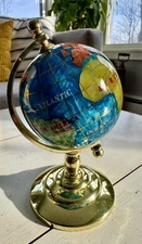 Vintage Brass Blue Lapis Inlaid Gemstone Desk Globe Cast Rotating Decor 6” Tall 