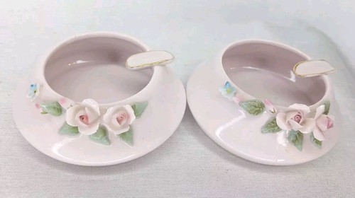 Pair Of Vtg Lefton Pink Porcelain Floral 3.5"Ashtrays # 1501 1950's - Picture 2 of 8