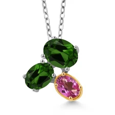 925 Silver and 10K Yellow Gold Green Chrome Diopside and Pink Mystic Topaz