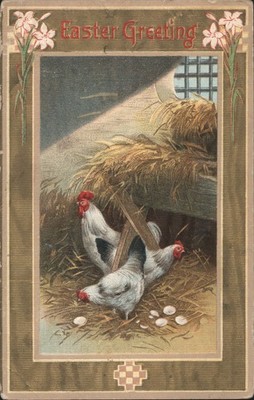 Easter Eggs Greeting with Chickens, Rooster, Coop Original Vintage Postcard