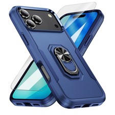 For iPhone 17 Pro Max 16E Full Body Glass Screen Protector Ring Stand Hard Case