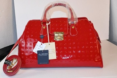 BNWT ARCADIA PATENT GENUINE LEATHER RED LARGE MADE IN ITALY TOTE