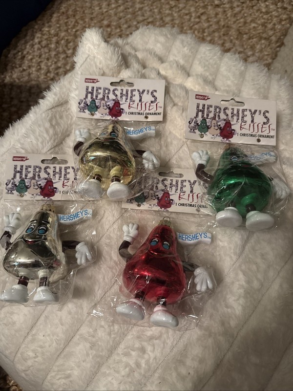 4 Vintage Hershey’s Kisses Candy Christmas Tree Ornaments Gold /Red /Silver