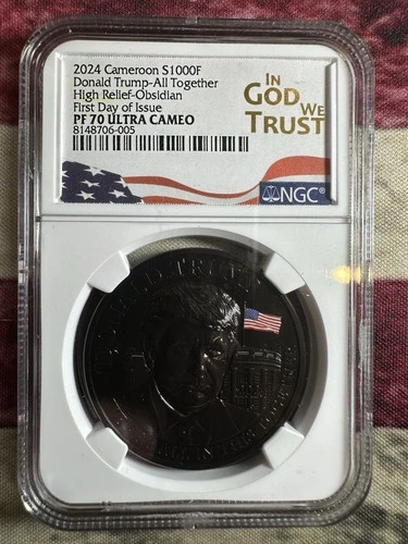 2024 NGC PF70 Cameroon 1000F Silver Proof Obsidian Coin Donald Trump UCAM FDI