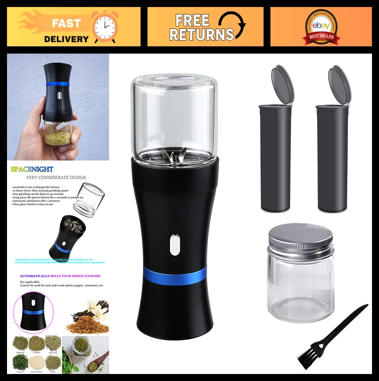 Compact Electric Herb Grinder - USB Rechargeable, 2 Glass Chambers, Perfect for