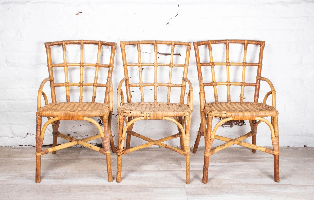 Set of Three Mid Century Retro Wicker Bamboo Conservatory Chairs