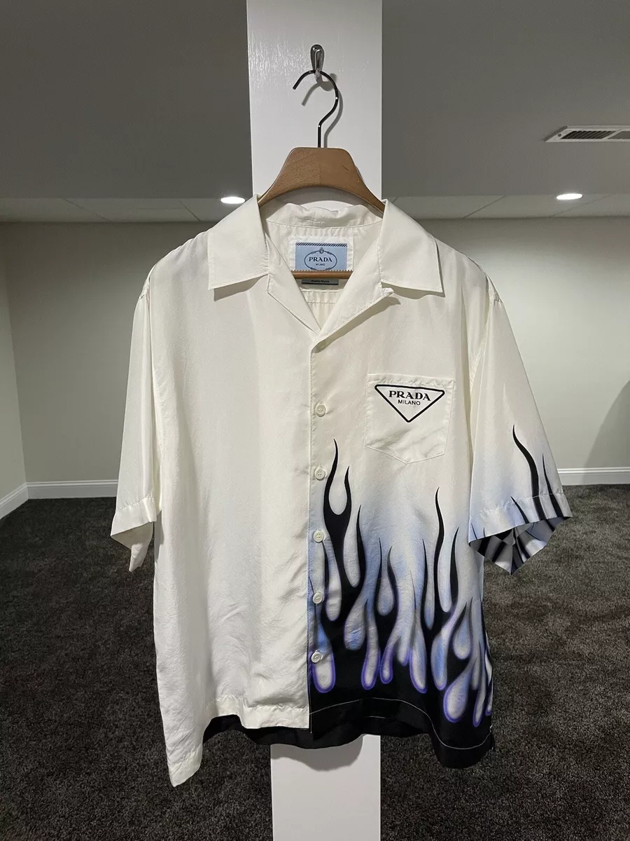 Prada Double Match White / Blue Flames Silk Bowling Shirt | eBay