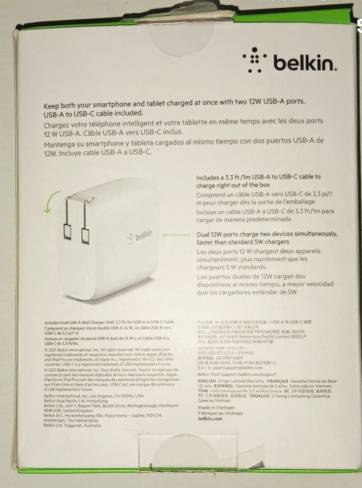 Nuevo Cargador de Pared Belkin Boost+Charge Doble USB-A 24W, 2.4 Amp•Enchufe Plegable Foto 2 de 3