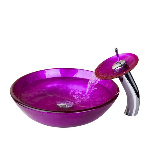 Purple Round Glass Wash Basin Mixer Chrome Waterfall Faucet Pop Up Drain Combo - Picture 1 of 8