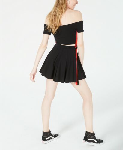 Women's Junior's Waisted Varsity Stripe Cheerleader Skirt Black B4HP - Picture 4 of 12