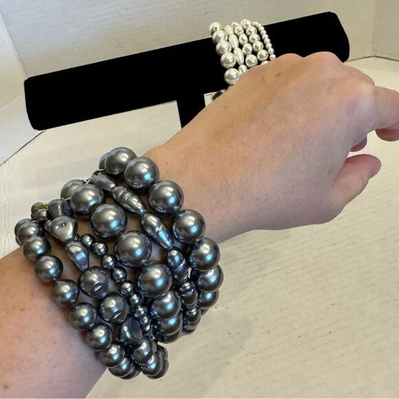CHICO’S SET OF 2 Faux Pearl Multi Strand Stretch BRACELET 6 Strand Stack Chunky - Image 3 of 4