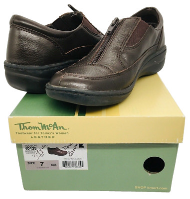 Thom McAn Womens Shoes Size 7M Brown Leather Zip Close Comfort Slip On Orig Box