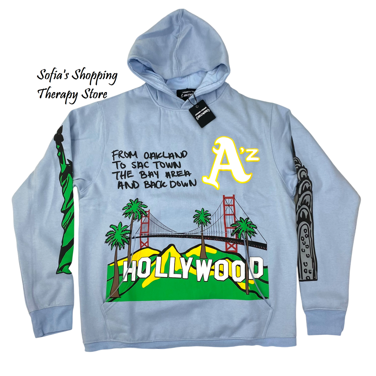 Homme Femme Cali to NYC Hoodie Men’s SMALL Puff Print Light Blue Long Sleeve