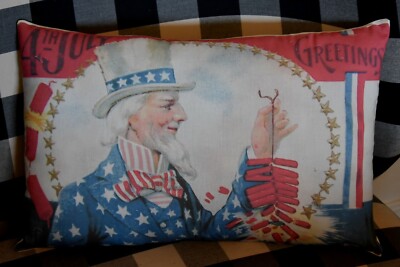 Antique primitive vintage 4th of July postcard pillow uncle Sam firecrackers 