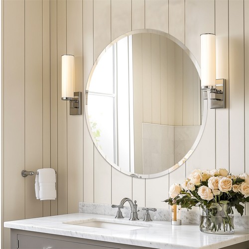 Elegant Wall Mirror Round Beveled Polished Frameless for Bathroom Vanity Bedroom - Picture 5 of 16