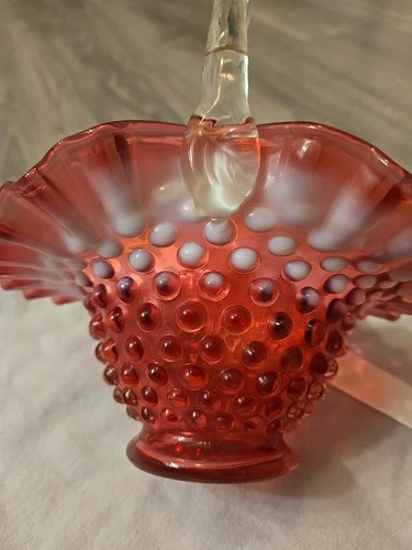 Fenton Cranberry Opalescent Hobnail Basket Ruffle Rim Pre Logo Vintage Art Glass
