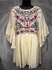 Umgee Floral Boho Embroidered Peasant Dress L Flared Sleeves Rustic Hippie Artsy