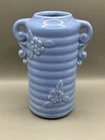 Vintage Shawnee USA Blue Pottery Floral Ribbed Vase Double Handle 7"