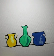 GAT Original Painting Impressionism Whimsical Flower Jars Vases Yellow Green 8x8