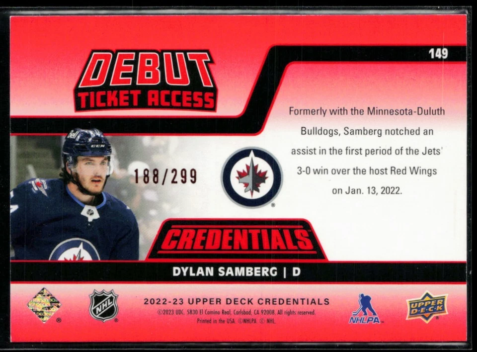 2022-23 Upper Deck Credentials Horizontal Red #149 Dylan Samberg RC 188/299 - Image 2 of 2