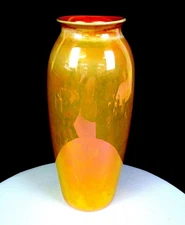 Bohemian Art Glass Iridescent Orange Vintage 10 3/4" Flared Rim Vase 1950-1970