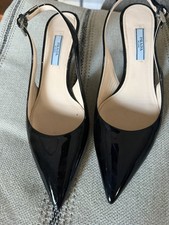Prada Kitten Heels Women 37.5 US 7.5 Black Patent leather Sling Back Pointed Toe