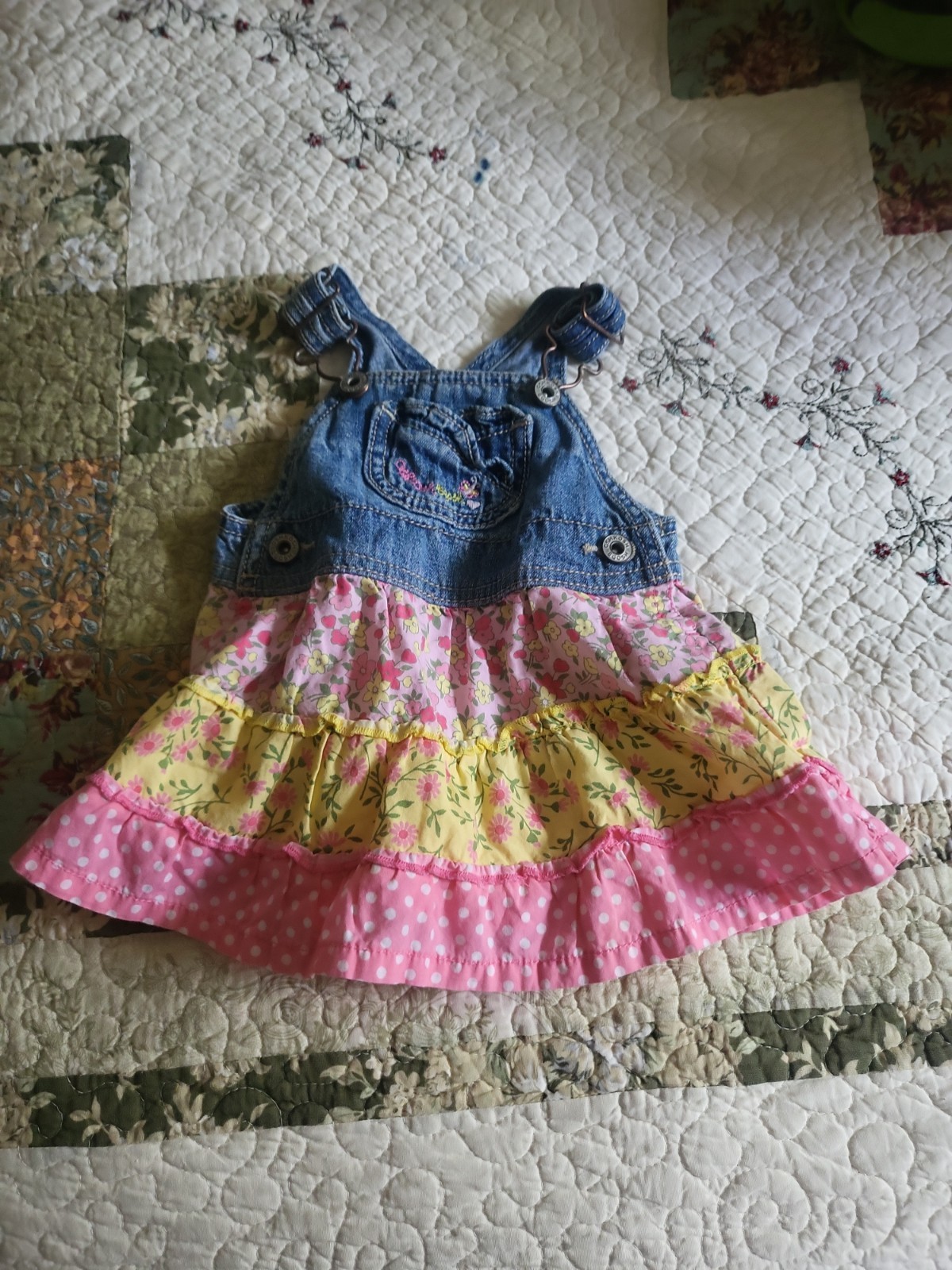 Vintage OshKosh B'Gosh Toddler Girls Floral  Overall Dress Blue Denim 6 Months