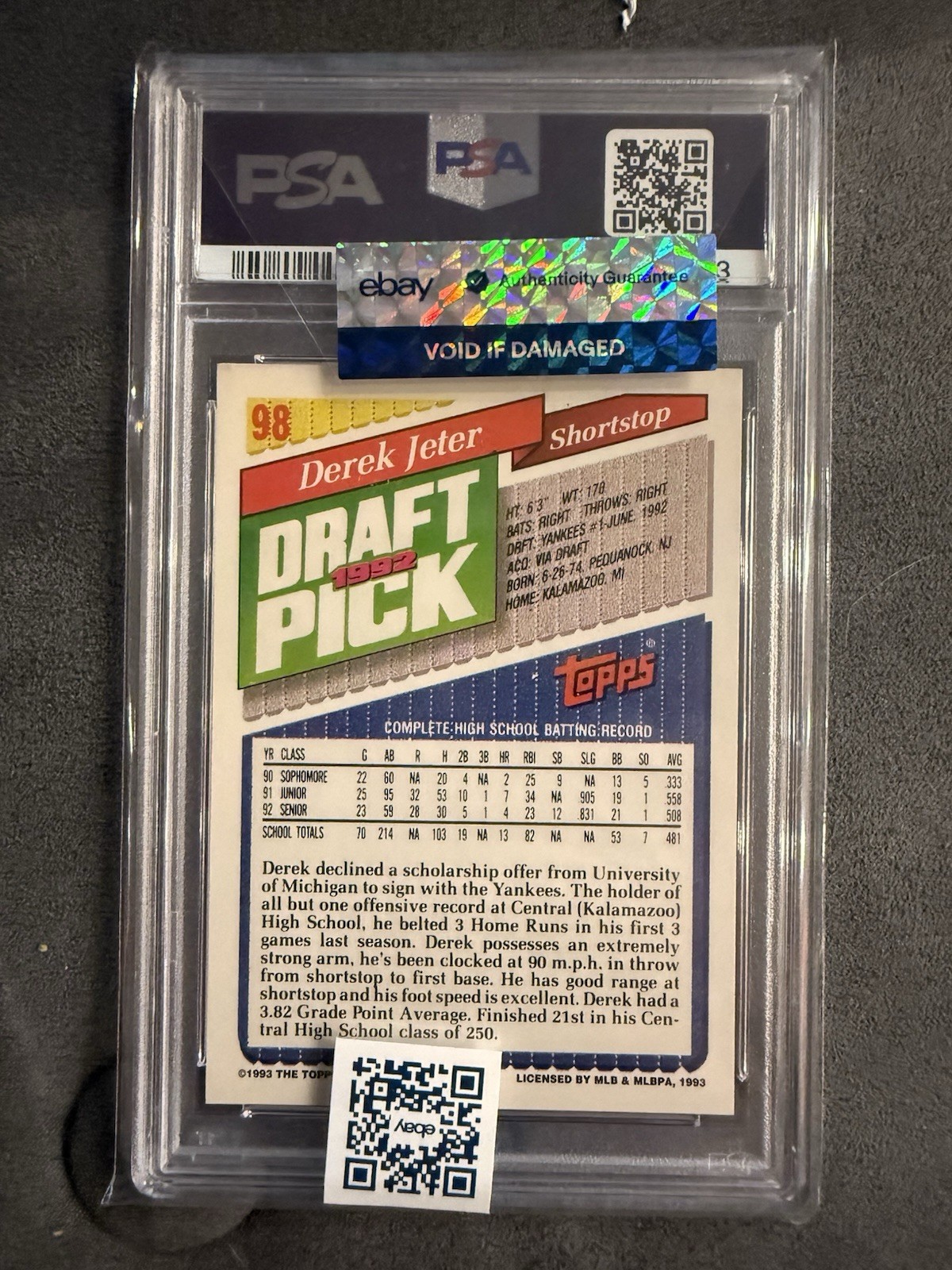 PSA 10 Topps 1993 Derek Jeter #98 PSA 10 Rookie Base Set New York Yankees view 2