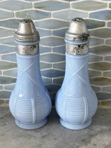 Vintage Jeannette Delphite Blue Milk Glass Basketweave Salt Pepper Shakers