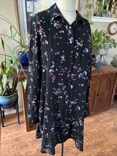 Sezane Silk Floral Shirt Dress Black Multi Color Button Front Long Sleeve Large