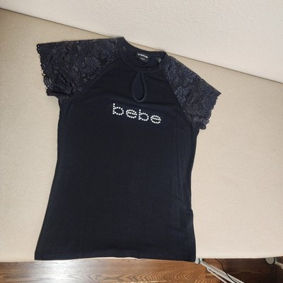 bebe Womens M Black Lace Sleeve Top Rhinestone Logo Keyhole Stretch (0030)