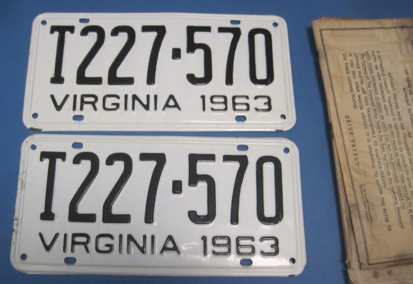Retro Registration New Unused Pair 1963 Virginia License Plates DMV clear for vintage ...