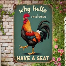 Retro Tin Metal Signs Home Décor, Vintage with Rooster Saying why Hello Sweet Ch