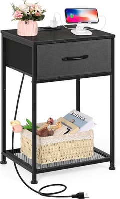 Modern Night Stand w/Charging Station & Storage Drawer & Shelf Bedside End Table