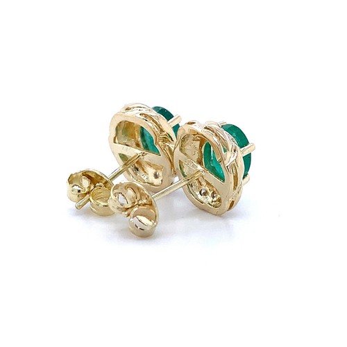 14K Yellow Gold Oval Cut Emerald W/Single Cut White Diamond Accent Stud Earrings - 第 7/12 張圖片